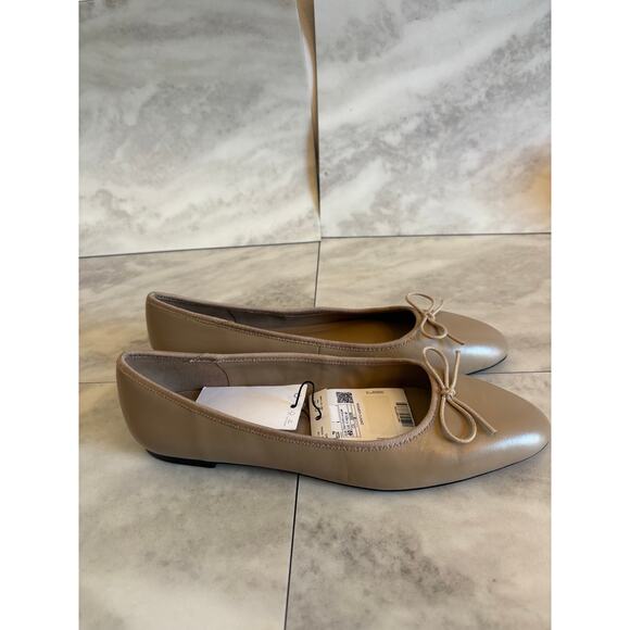 Mango MNG Women’s Goat Leather Ballet Flats Beige Size 9 Bow New - Picture 1 of 6